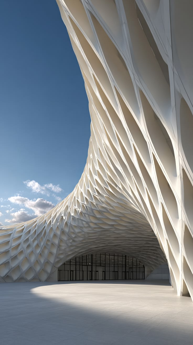Parametric architectural facade curving into an open atrium